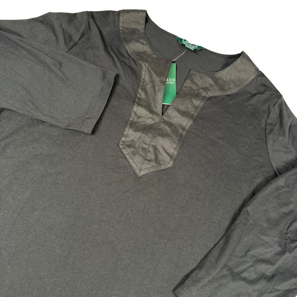 Lauren Ralph Lauren Black Split Neck Satin Trim 3/4 Sleeve Cotton Top XL NEW